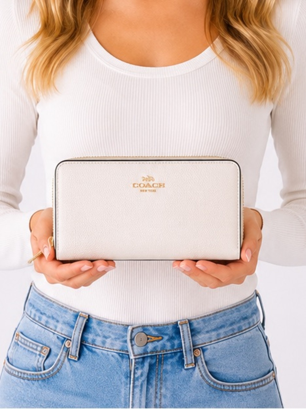 Coach White Pebbled Leather Zip Wallet with Gold Hardware